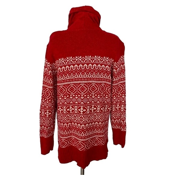 Eddie Bauer Wool Blend Fair Isle Red and White Funnel Neck Pullover Sweater XL - Picture 2 of 12